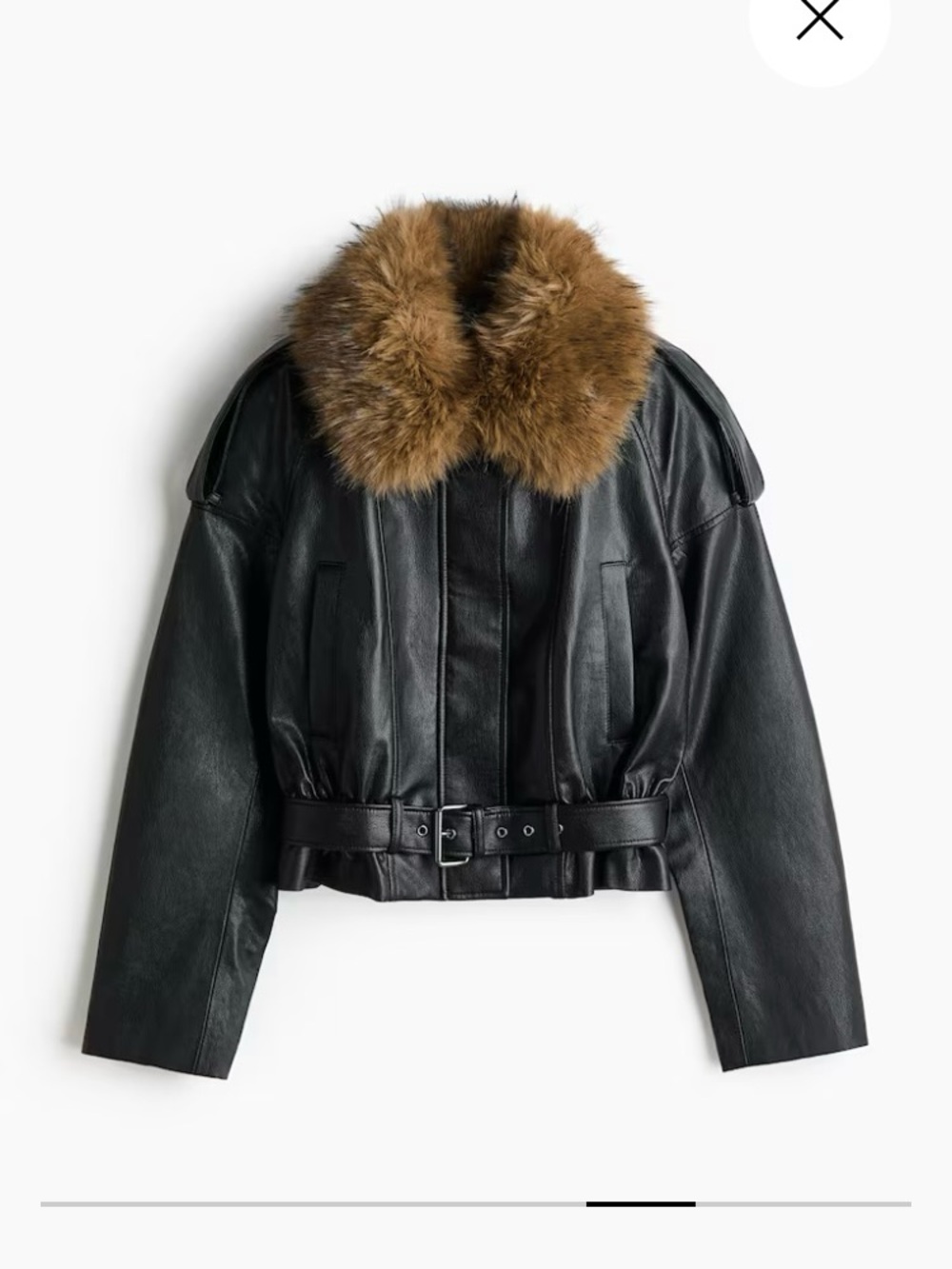 H&M Black Leather Jacket with Brown Faux Fur Collar